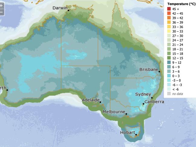 Overnight minimum temperatures on Saturday. Picture: BOM.