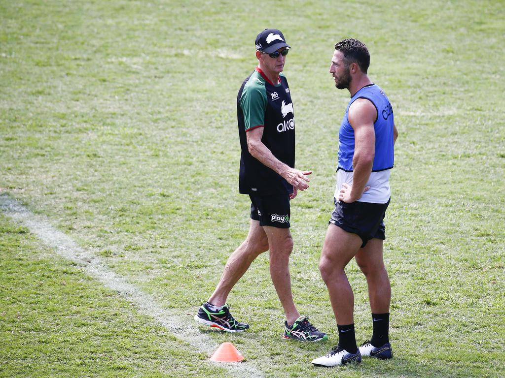 South Sydney Rabbitohs player, Sam Burgess pictured with coach Wayne Bennett, at a training session at Redfern Oval after splitting with wife Phoebe Burgess. Picture: Dylan Robinson