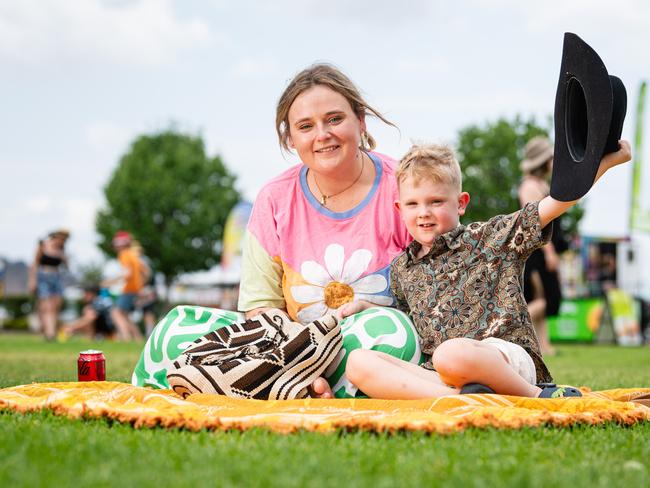 Kim Bedford with her son Noah who is a big fan of Lee Kernaghan at Wellcamp Airport 10th anniversary community day, Sunday, November 10, 2024. Picture: Kevin Farmer