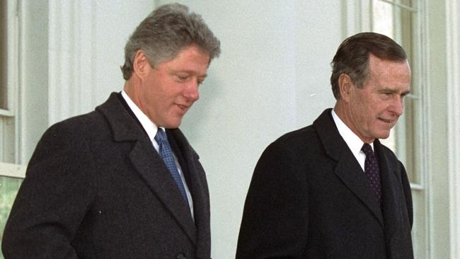 President George Bush along with President-elect Clinton, leaves the White House for the last time as president. 1993. Picture: AP Photo/Doug Mills