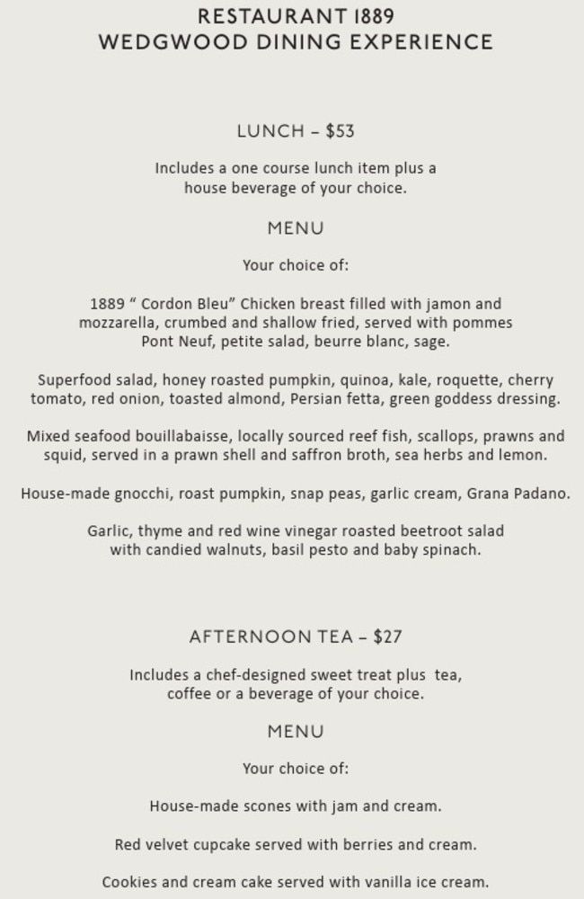 Menu for the Restaurant 1889 Wedgewood Dining Experience. Picture: Supplied.
