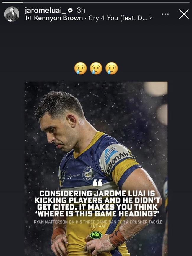 Jarome Luai responds to Ryan Matterson's comment on Instagram.