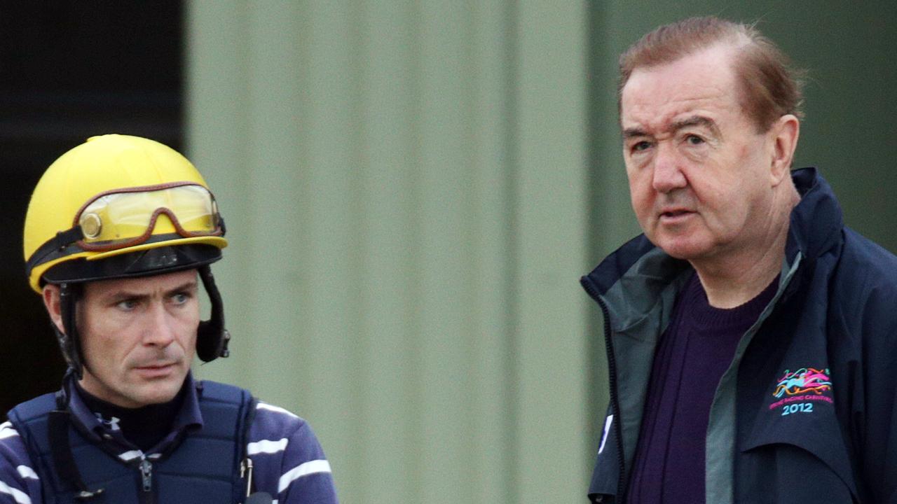 Werribee trackwork. Dermot Weld trainer of Galileo's Choices with jockey Pat Smullen before trackwork this morning