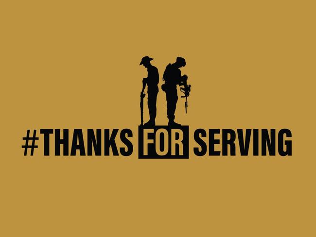 Thanks For Serving: Logos for the #ThanksForServing campaign, to launch across News Corp mastheads from October 14 2018. Preferred option is horizontal writing however vertical an option if column space is an issue. Design files, should artists need to adjust, available from  Justin Lees (News360), Lesley Hunter Nolan (Qld), Rohan Sullivan (NSW), Jo Schulz (Vic), Paul Ashenden (SA) and Damian Bester (Tas).Picture: Supplied