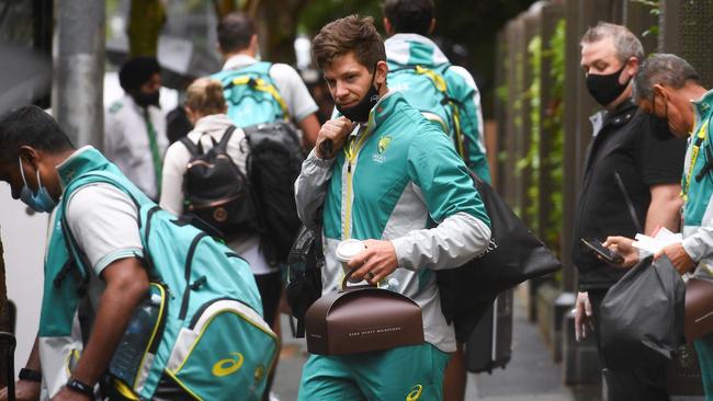 Australian captain Tim Paine prepares to fly to Sydney with his team on Monday. Picture: AFP