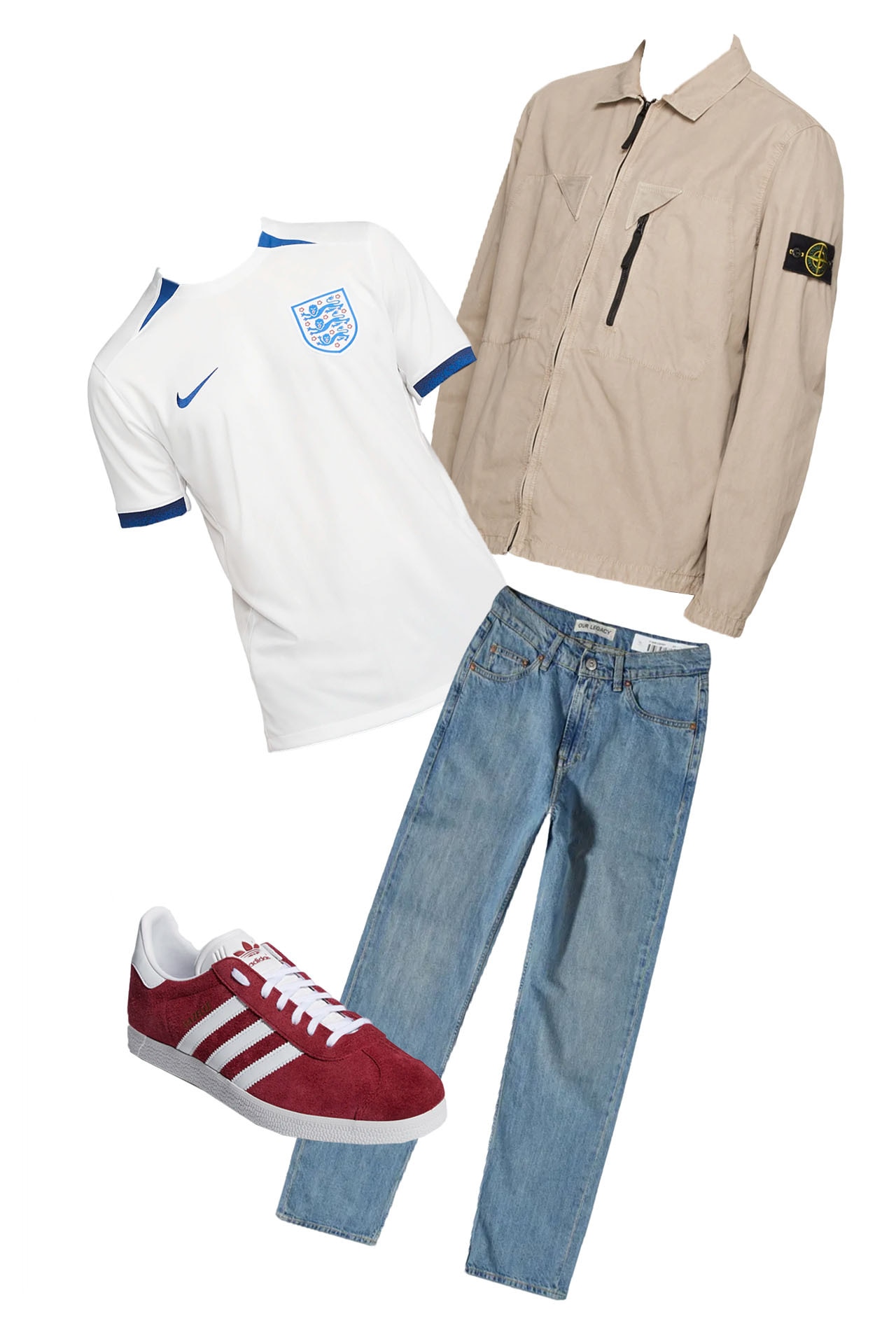 <p><strong>England home</strong></p><p>&nbsp;</p><p>I’m an Aussie at heart, but also an English citizen so I had to find some time to rep the three lions. The most interesting thing about the kit that Nike pulled together here is the texture, with some really exceptional deep grooves running along the shirt. To style this one, I had to take it back to the roots of English terrace culture. Get the badge in with the Stoney, thrown on some throwback blue jeans from Our Legacy and add a hit of red Gazelles for the red roses<em>—Charlie Calver</em></p><p>&nbsp;</p><p><strong>SHOP NOW: </strong>England 2023 stadium home, $115 from <strong><a href="https://www.nike.com/au/t/england-2023-stadium-home-dri-fit-football-shirt-r7jB6L/DR3960-121" target="_blank" rel="nofollow noopener">Nike</a></strong></p><p><strong>SHOP NOW: </strong>Stone Island Garment-dyed jacket, $740 from <strong><a href="https://www.ssense.com/en-au/men/product/stone-island/gray-garment-dyed-jacket/12295191" target="_blank" rel="nofollow noopener">Ssense</a></strong></p><p><strong>SHOP NOW: </strong>Our Legacy Formal cut jeans, $565 from <strong><a href="https://www.endclothing.com/au/our-legacy-formal-cut-jean-m2235fmb.html" target="_blank" rel="nofollow noopener">End Clothing</a></strong></p><p><strong>SHOP NOW: </strong>Adidas Gazelle, $170 from <strong><a href="https://www.adidas.com.au/gazelle-shoes/B41645.html" target="_blank" rel="nofollow noopener">Adidas</a></strong></p>