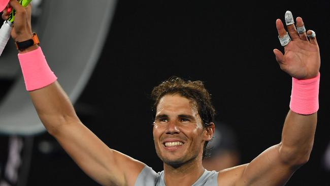 Rafael Nadal celebrates after beating Dominican Republic's Victor Estrella Burgos. Picture: AFP