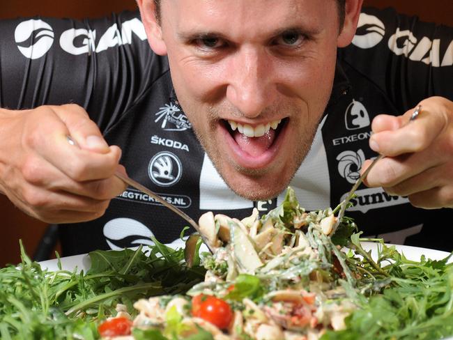 13/1/15. Cyclists are here - but what will they be eating to prepare them for the Tour Down Under? Giant rider Koen de Kort - 32yrs at the Hilton Hotel with a pasta salad Pic Keryn Stevens