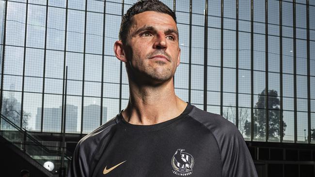 MELBOURNE, AUSTRALIA - JULY 31: Scott Pendlebury of the Magpies poses for a photograph during a media opportunity at AIA Centre on July 31, 2024 in Melbourne, Australia. Scott Pendlebury is due to play his 400th AFL game this Saturday night. (Photo by Daniel Pockett/Getty Images)