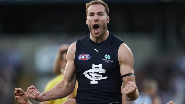 BRISBANE, AUSTRALIA - September 23, 2023. AFL .   Harry McKay of the Blues celebrates a 1st quarter goal during the 2nd preliminary final between the Brisbane Lions and the Carlton at the Gabba in Brisbane, Australia..   Photo by Michael Klein.