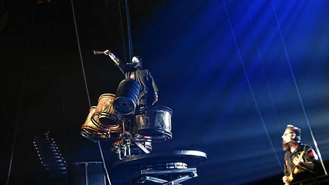 Slipknot stage drummer Chris Fehn during the performance at the Brisbane Entertainment Centre. Picture: Asagai Images