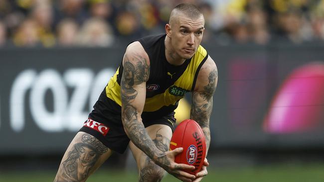 Dustin Martin played his best game for the season to farewell Trent Cotchin and Jack Riewoldt. Picture: Daniel Pockett/Getty Images