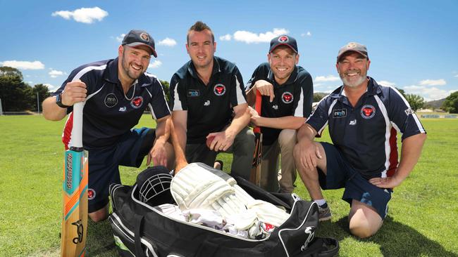 Pooraka Cricket Club’s Matt Rogers, Mark Hanson, Jye Bailey and Craig Pocock after Saturday’s game was abandoned. Picture: AAP/Dean Martin.