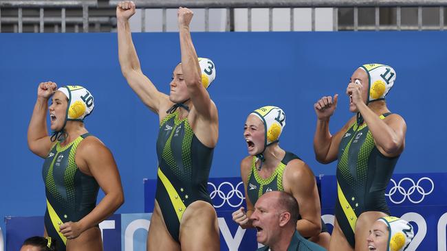 The Aussies celebrate a brilliant come-from-behind victory. Picture: Getty Images