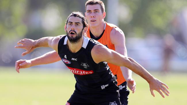 Brodie Grundy and Mason Cox at Collingwood training. Picture: Michael Klein