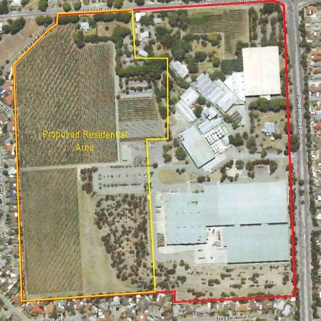 A map showing the site for a $150 million 216-allotment housing development at the Accolade Winery site at Old Reynella. Picture: Cirqa