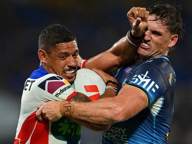 Newcastle centre Dane Gagai takes on the Titans defence. Picture: Getty Images