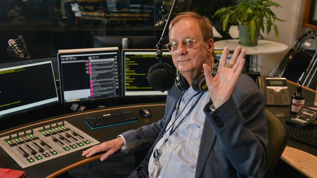 ABC evenings presenter and Sunday Mail columnist Peter Goers behind the desk at the ABC, ahead of his retirement from radio. Picture: Brenton Edwards