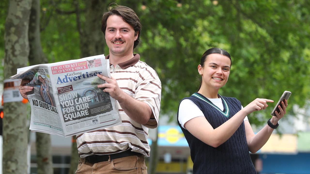 Geelong Advertiser reporters Will Keech and Chelsea Bunting celebrate the Addy’s strong readership figures. Picture: Alison Wynd