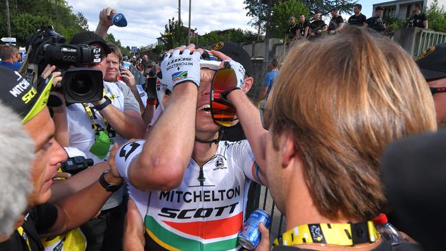 Mitchelton-Scott’s Daryl Impey with sports director Matt White after his stage nine win at the 106th Tour de France in 2019. (Photo by Tim de Waele/Getty Images)