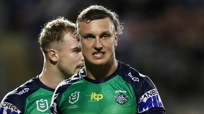 Panthers v Raiders Round 7 NRL match at BlueBet Stadium, Sydney.  Jack Wighton wearing the club's 2022 Anzac jersey. Picture: NRL Photos / Brett Costello