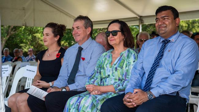 Chief Minister Lia Finocchiaro, Deputy Chief Minister Gerard Maley, Member of the Northern Territory Robyn Lambley and Minister Jinson Charls at the Darwin Cenotaph's Remembrance Day service, 2024. Picture: Pema Tamang Pakhrin