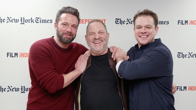 Affleck, Weinstein and Damon. This week Damon said that those being outed in Hollywood were one per cent of the community, and the majority were”great guys.” (Pic: Mireya Acierto)