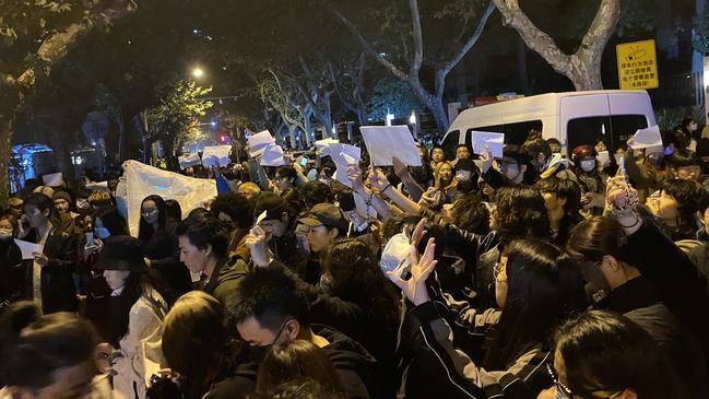 In Shanghai, a crowd chanted calls for Xi Jinping to step down, a rare act of political defiance that reflected public frustration with his ‘zero Covid’ demands. Picture: Twitter