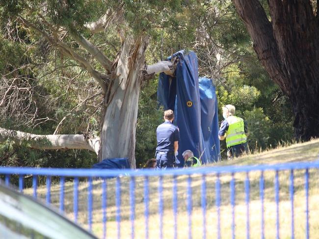 Police and emergency services at Hillcrest Primary School in Devonport, after a wind event caused a jumping castle to lift into the air. Picture: ABC News