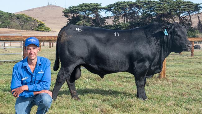 Hamish Branson, Banquet Angus, Mortlake, with record-breaking Banquet Tom Cruise T220, Lot 11, which sold for $230,000 to Bannaby Angus, Myrtleville NSW. Picture: Mavstar Photography