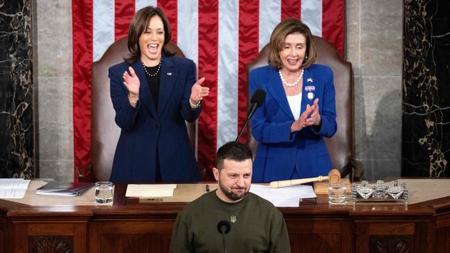 Ukraine's President Volodymyr Zelensky urged the US to supply more military aid during an address to Congress, flanked by US Vice President Kamala Harris, left, and US House Speaker Nancy Pelosi, right, at the US Capitol in Washington, DC. Picture: AFP