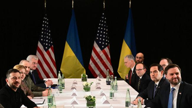 US Vice-President JD Vance, right, US Secretary of State Marco Rubio, second from right, and Ukrainian President Volodymyr Zelensky, left. meet on the sidelines of the 61st Munich Security Conference. Picture: AFP