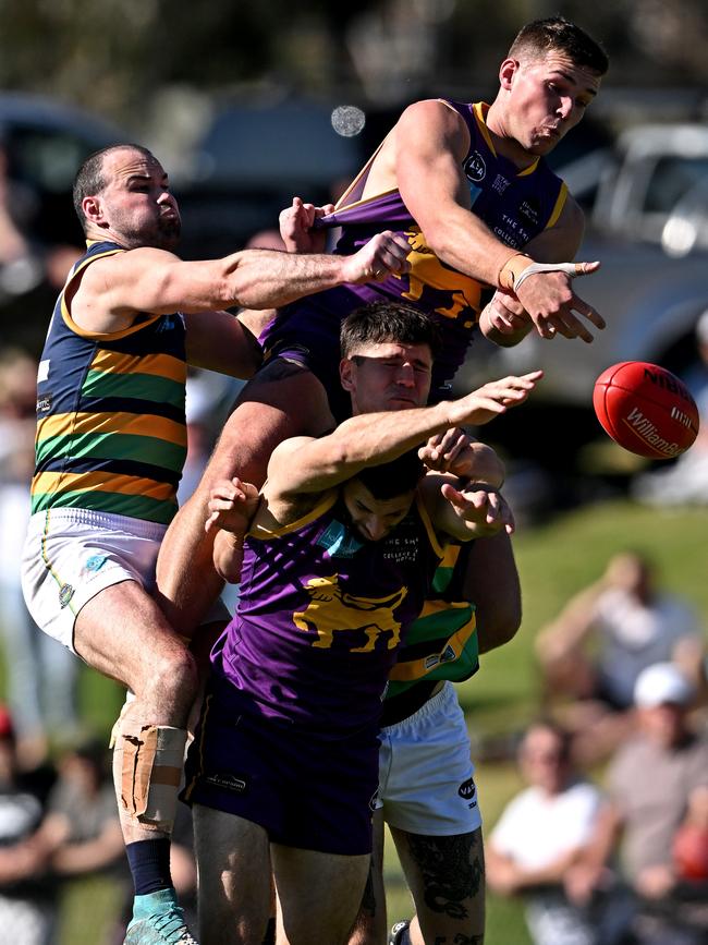 Collegians’ Will Mayhood flies over the pack. Picture: Andy Brownbill