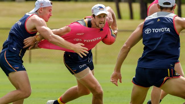 Adelaide Crows defender Kyle Hartigan training at Bond University on the Gold Coast as part of the Adelaide Football Club's pre-season training camp that is now acknowledged by the club hierarchy as breaking trust among players. Picture: Adelaide Football Club.