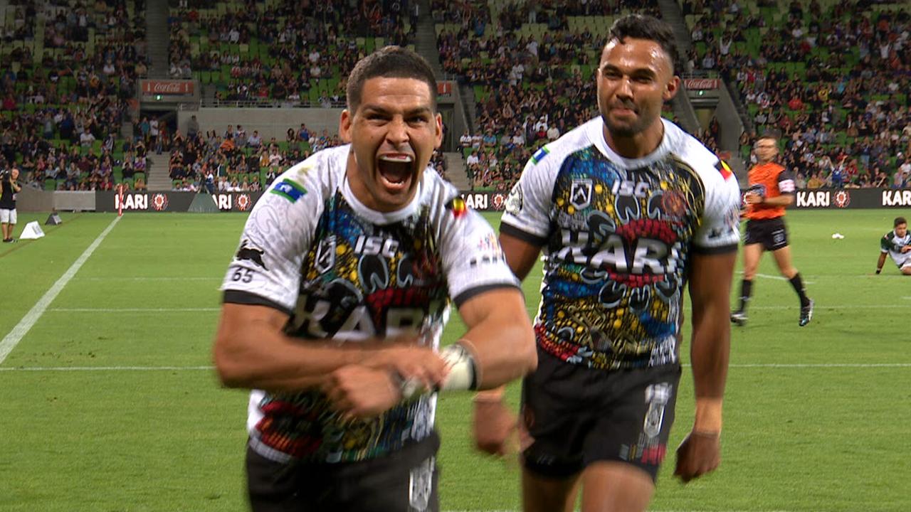 Cody Walker celebrates his try for the Indigenous All Stars.