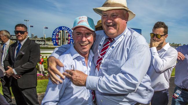 Winning trainer John Moloney (left) celebrates Flying Jess’ win with owner Joe O'Neill. Picture: AAP