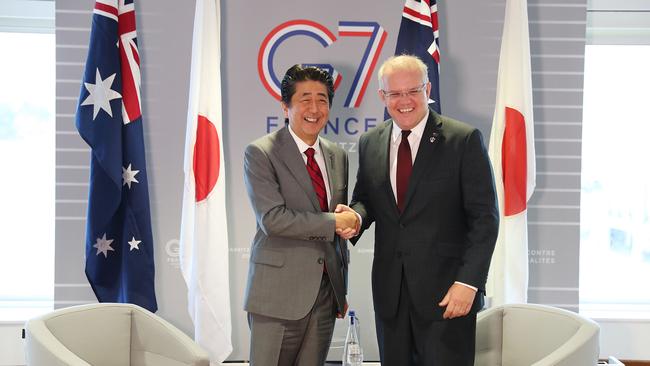 Prime Minister Scott Morrison with former Prime Minister of Japan Shinzo Abe at the G7 Summit in Biarritz, France in August, 2019. Picture: Adam Taylor