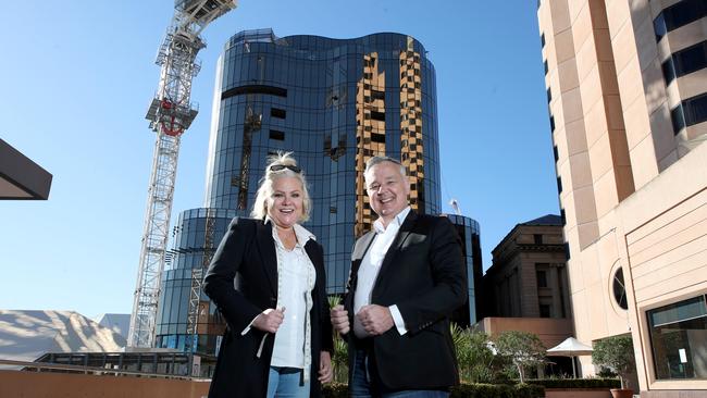 Fashion Designer Liza Emanuele and SkyCity Adelaide General Manager David Christian. Picture: Kelly Barnes