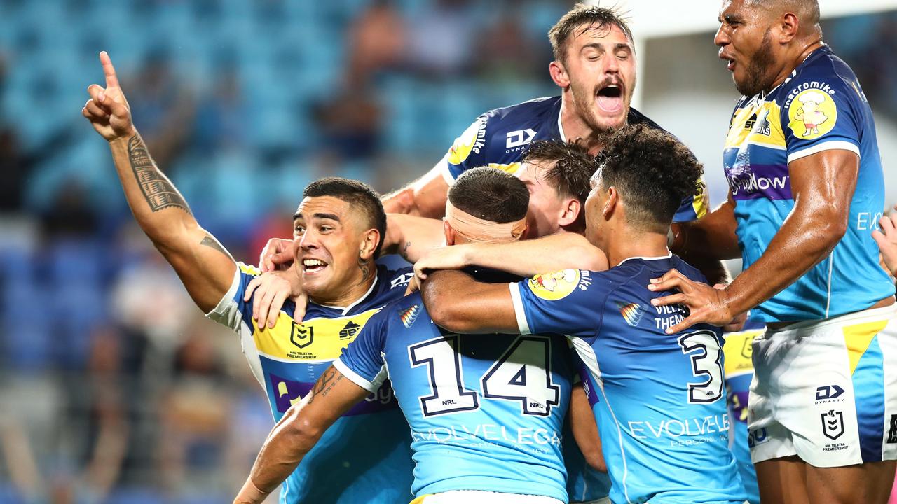 The Titans scores in the last minute of play, in what would have otherwise been the first tryless game of the NRL era. Picture: Getty Images.