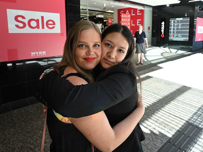 Former Myer Centre workers Rhea Sorensen and Nicole Anne Ho made a journey to visit the store to look and remember on its last day of trading. Picture: Lyndon Mechielsen/Courier Mail