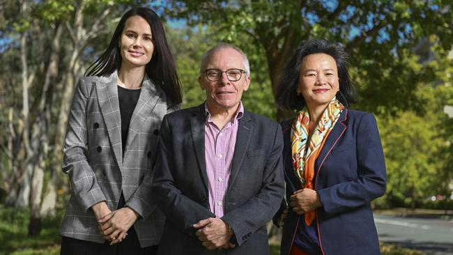 Dr Kylie Moore-Gilbert, Prof Sean Turnell and Cheng Lei at DFAT in Canberra for the News Corp "Dear Evan" campaign, in which they are raising awareness about the Wall Street Journalist Evan Gershkovich, who has been detained in Russia on bogus spying charges for a year. Picture: NCA NewsWire / Martin Ollman