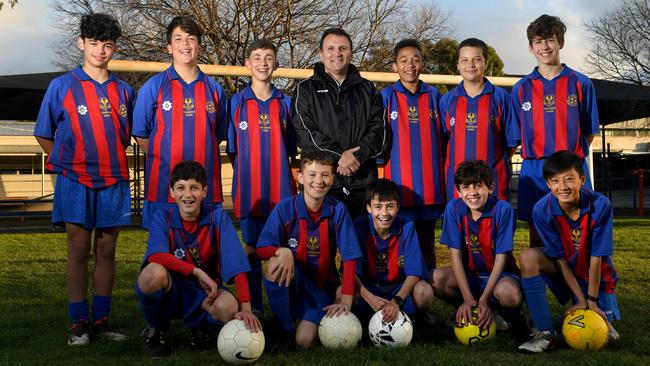 Torrens River’s boys team, with coach Frank Pagnozzi, ahead of the Sapsasa Year 7 Metro soccer tournament. Picture: Tricia Watkinson