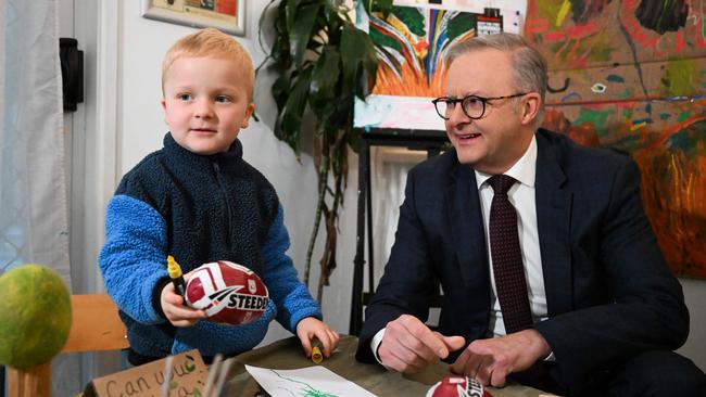 Anthony Albanese visits a Brisbane childcare centre on Wednesday. Picture: Dan Peled / NewsWire