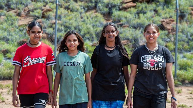 (L-R) July Caulton, Jonika Caulton, Deleeda Forrester (mother) and Tyereena Caulton at the Yipirinya School shares their concerns about the ongoing circumstances in Alice Springs. on March 30, 2024. Picture: Pema Tamang Pakhrin