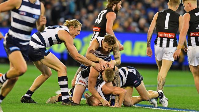 Geelong and Collingwood play a game of ‘spot the Pie’. Picture: Stephen Harman