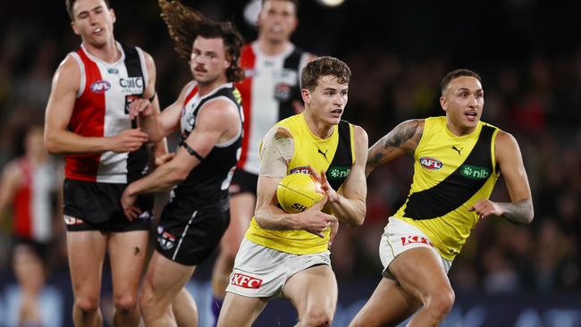 MELBOURNE, AUSTRALIA – Augus 14, 2023. AFL. Richmonds Thomson Dow during the round 22 match between St Kilda and Richmond at the Marvel Stadium in Melbourne. Photo by Michael Klein.