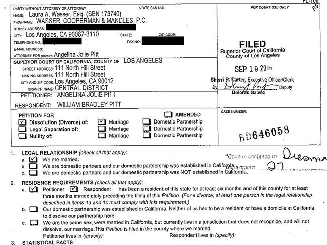 The divorce petition, filed at Los Angeles Superior Court on September 19, states that Jolie is requesting sole physical custody with visitation rights for Pitt. Picture: Splash