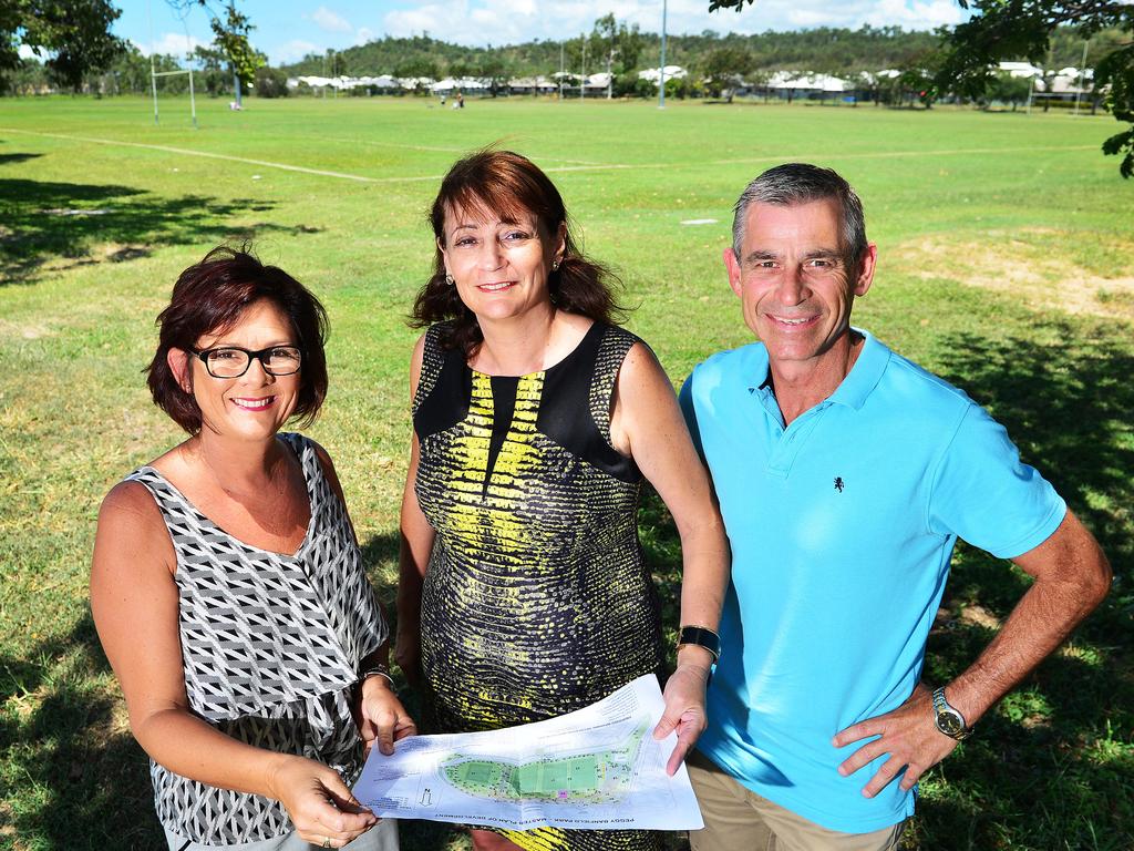 Cr Sue Blom, Mayor Jenny Hill and Cr Tony Parsons at Peggy Banfield park in 2015, which was to get an upgrade.