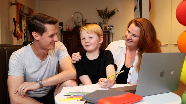 Parents Will and Lauren Brincat have been home schooling 8-year-old son Teddy in Dee Why during the Covid 19 lockdown. Picture: Toby Zerna