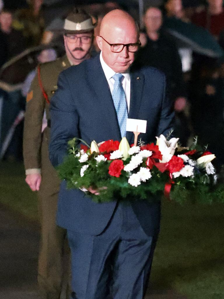 Opposition Leader Peter Dutton he attended the Anzac Day dawn remembrance service at the Pine Rivers RSL in his electorate of Dickson. Picture: Richard Dobson / NewsWire